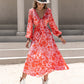 Tied Cutout Printed Long Sleeve Midi Dress