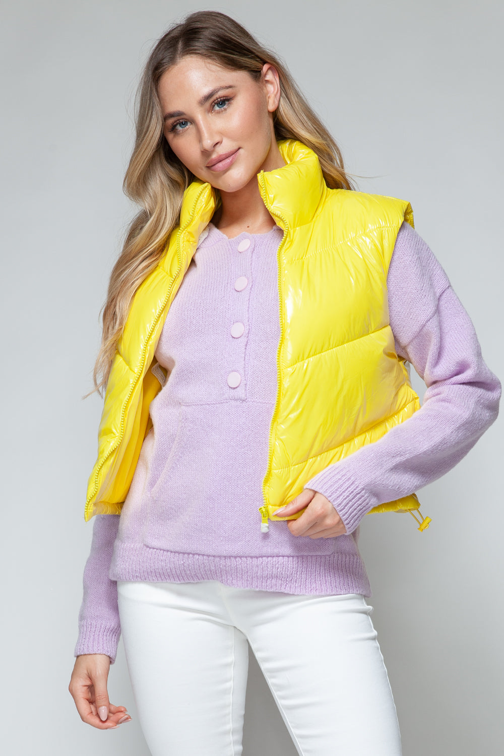 Snobbish Zip Up Turtleneck Shiny Quilted Vest *