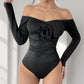 Perfee Ruched Flower Off-Shoulder Long Sleeve Bodysuit