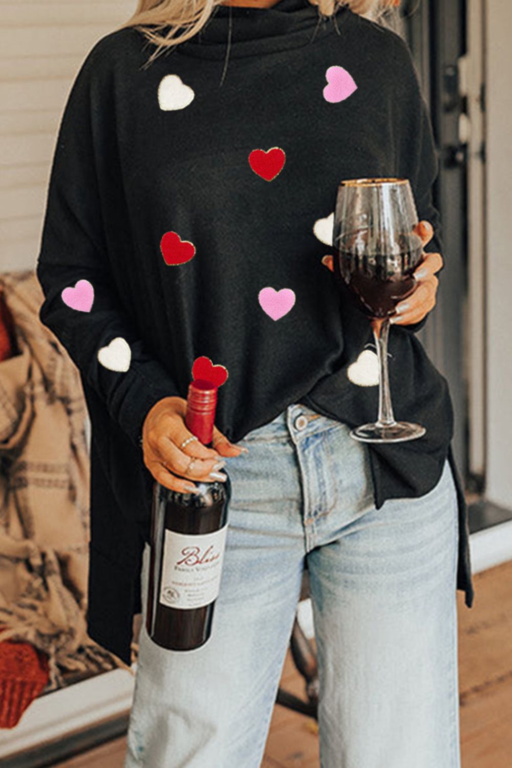 Valentine’s Day Heart Patched Turtleneck Long Sleeve Top