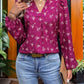 Ruffled Printed Notched Long Sleeve Blouse