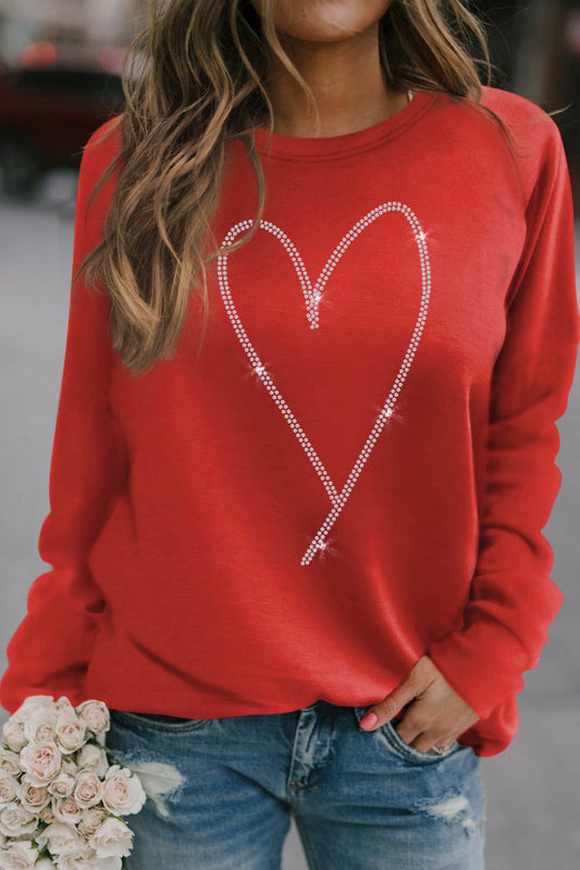 Valentine's Day Deep Red Rhinestone Heart Long Sleeve Sweatshirt