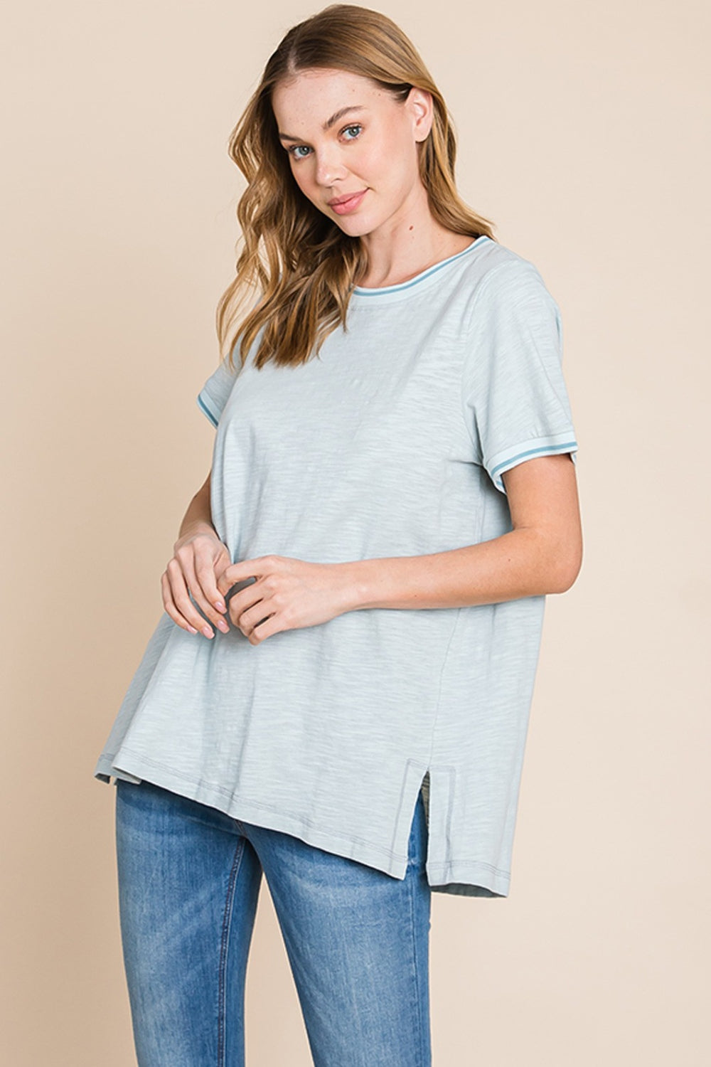 Cotton Bleu by Nu Lab Contrast Trim Short Sleeve Slit T-Shirt *