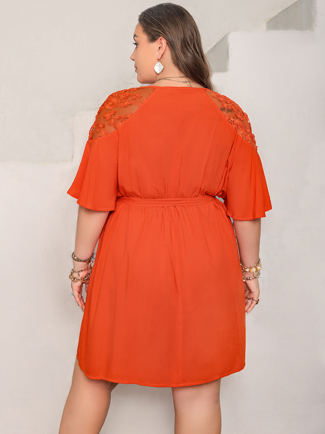 Plus Size Lace Button Up Half Sleeve Orange Dress