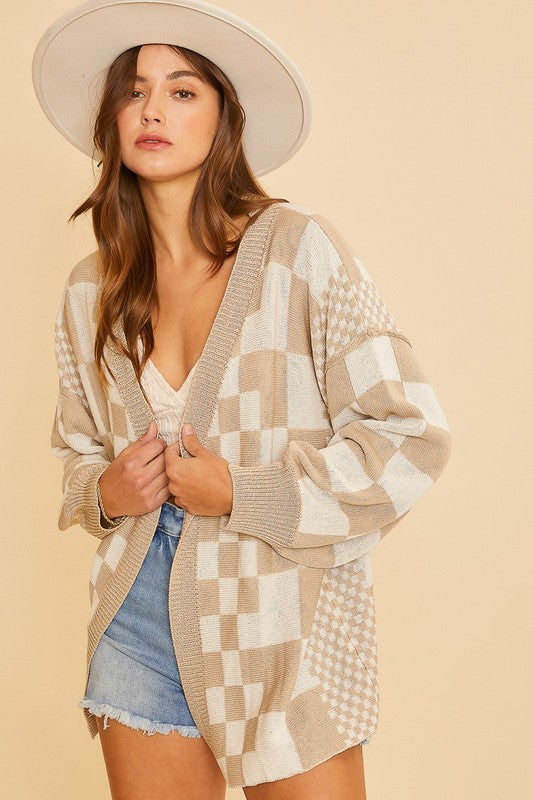 Annie Wear Checkered Open Front Drop Shoulder Cardigan