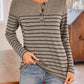 Quarter Button Striped Round Neck Long Sleeve T-Shirt