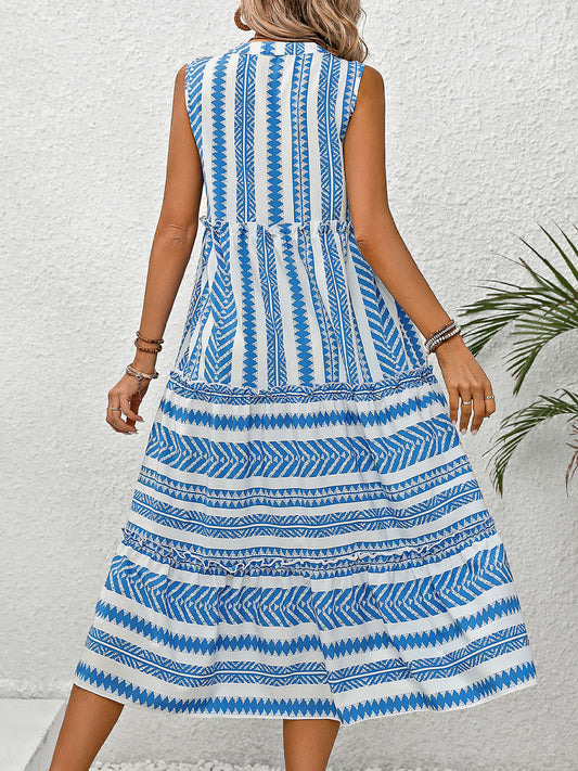 Frill Printed Notched Sleeveless Mini Dress