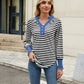 Contrast Striped Notched Long Sleeve Top