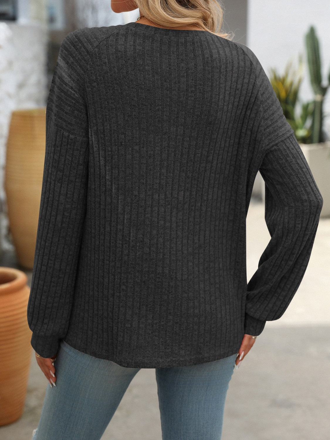 Full Size Decor Button Long Sleeve Ribbed T-Shirt