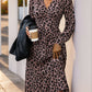 Perfee Leopard Surplice Long Sleeve Midi Dress