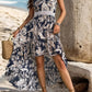 High-Low Printed V-Neck Cap Sleeve Midi Dress