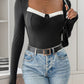 Perfee Ribbed Contrast Long Sleeve Bodysuit