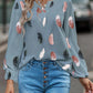 Feather Print Notched Balloon Sleeve Top