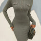Decorative Button Round Neck Long Sleeve Dress