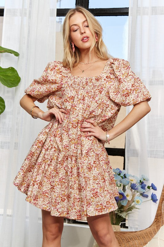 ADORA Floral Square Neck Puff Sleeve Dress