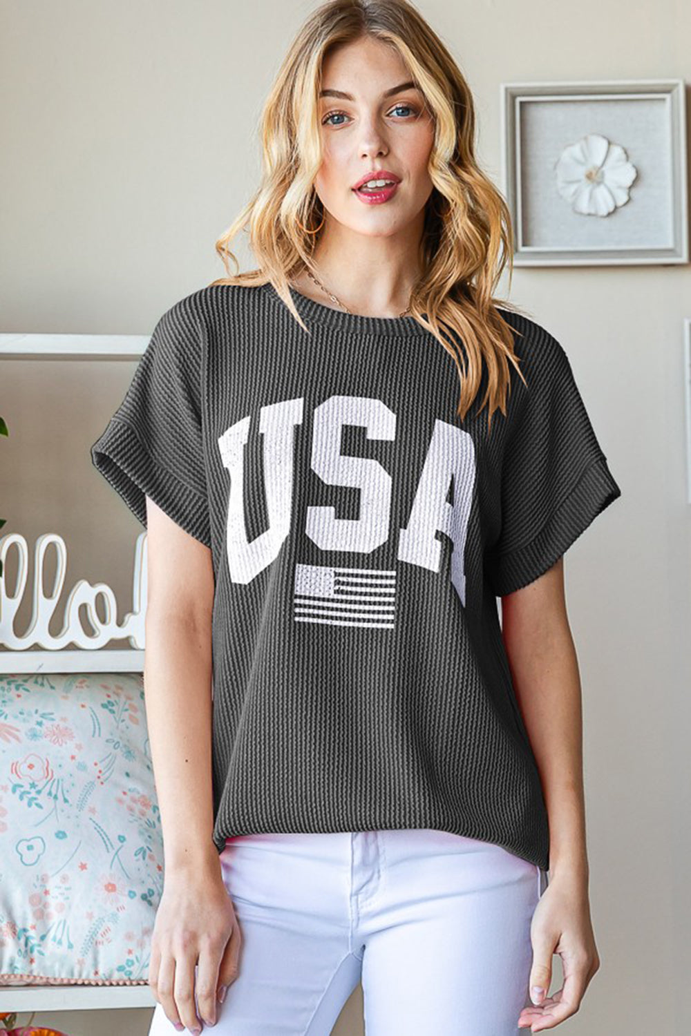 Heimish Full Size USA Graphic Short Sleeve Ribbed Top *