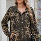 Pocketed Leopard Long Sleeve Denim Jacket