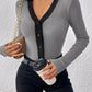Perfee Contrast Trim Johnny Collar Long Sleeve Bodysuit