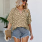 Leopard Notched Half Sleeve Blouse