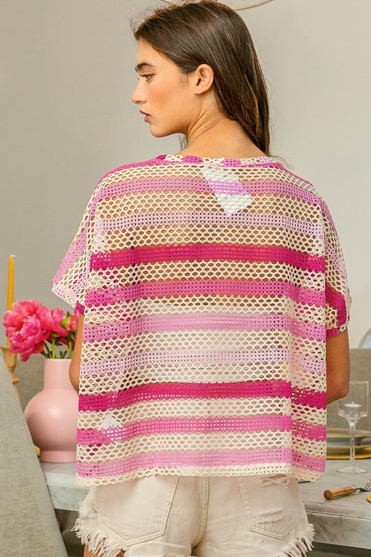 BiBi Striped Openwork Short Sleeve Knit Cover Up - Brand BiBi