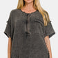 Zenana Washed Texture Half Button T-Shirt- Brand Zenana