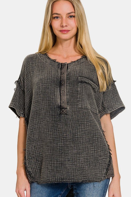 Zenana Washed Texture Half Button T-Shirt- Brand Zenana