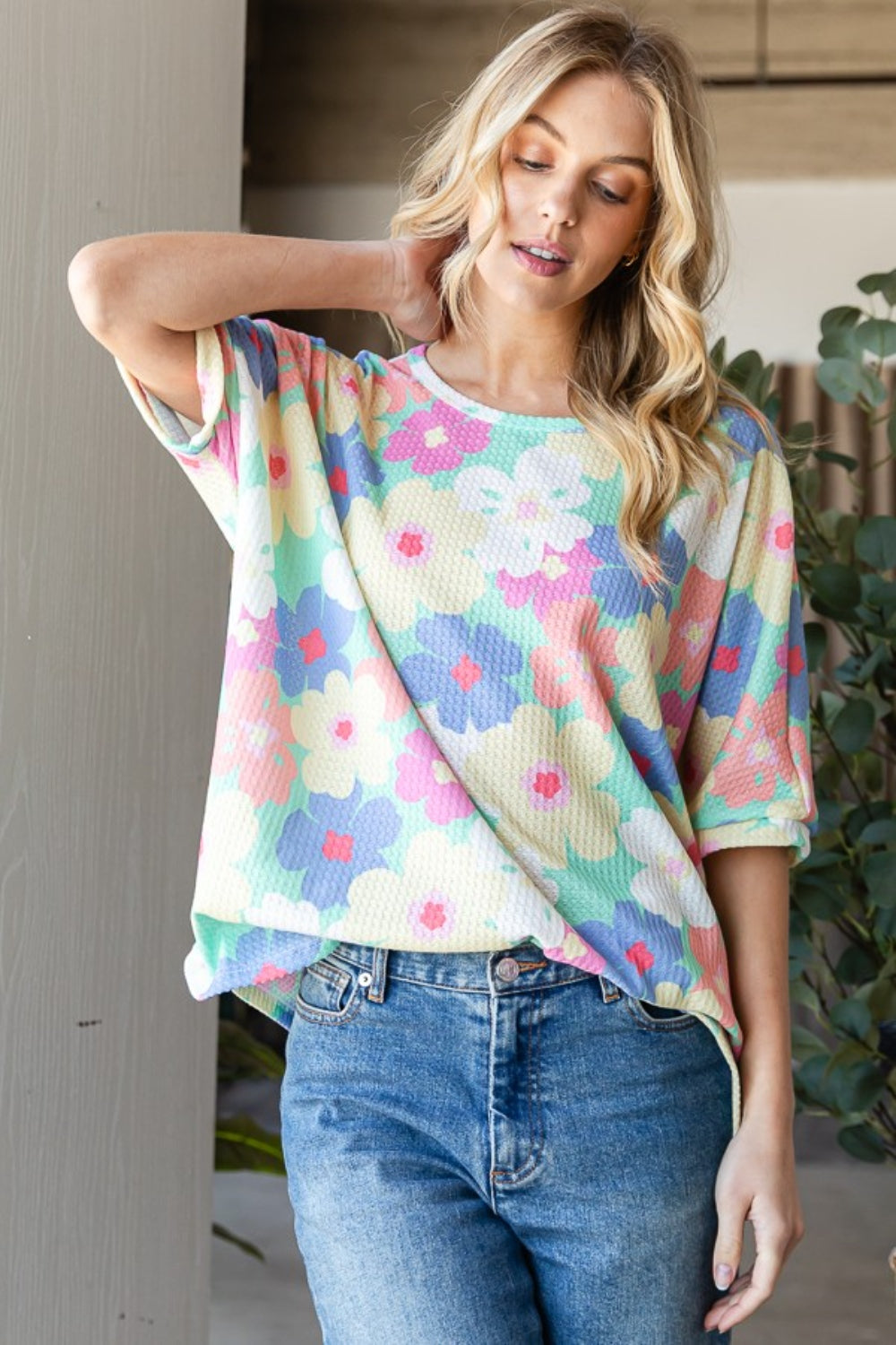 HOPELY Floral Waffle Oversized T-Shirt *