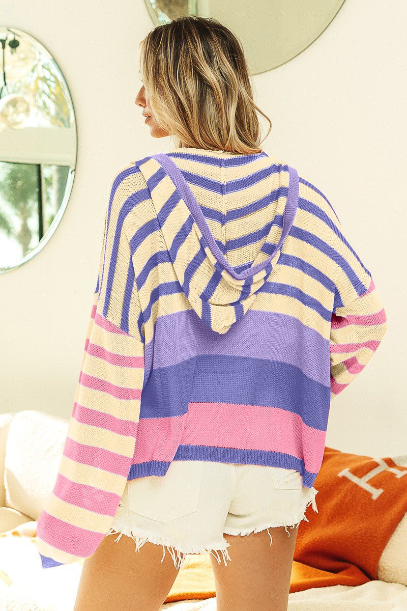 BiBi Striped Color Block  Hooded Knit Top - Brand BiBi