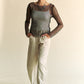 Davi & Dani Sparkling Rhinestone Sheer Mesh Round Neck Top