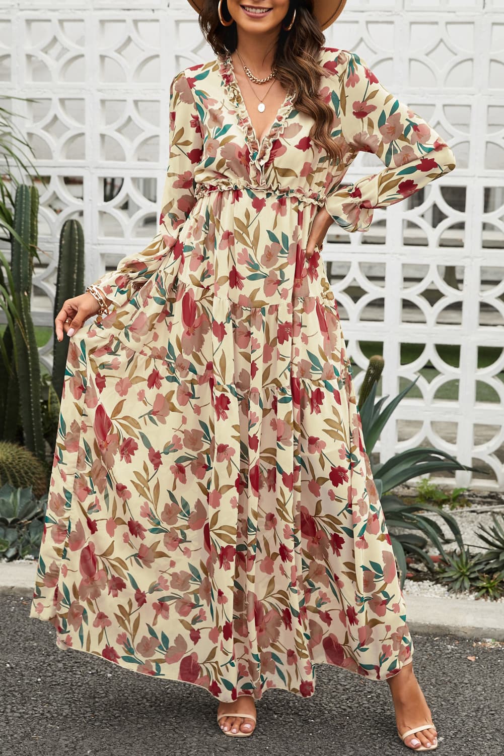 Women's Floral Frill Trim Flounce Sleeve Plunge Maxi Dress