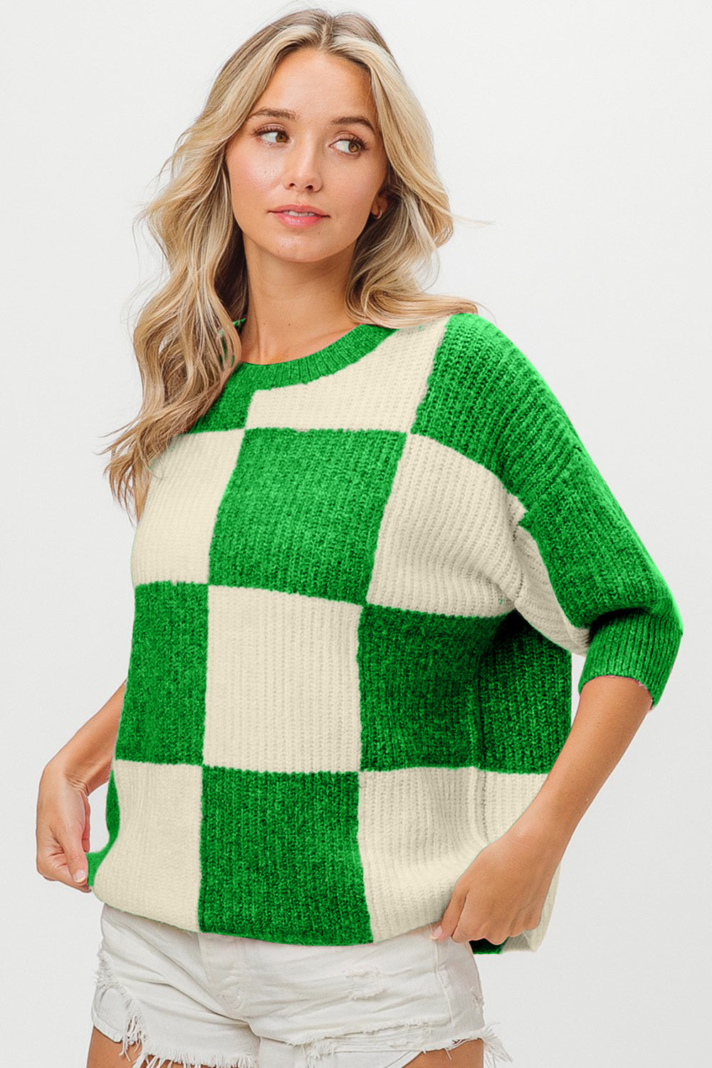 BiBi Checkered Contrast Round Neck Sweater *