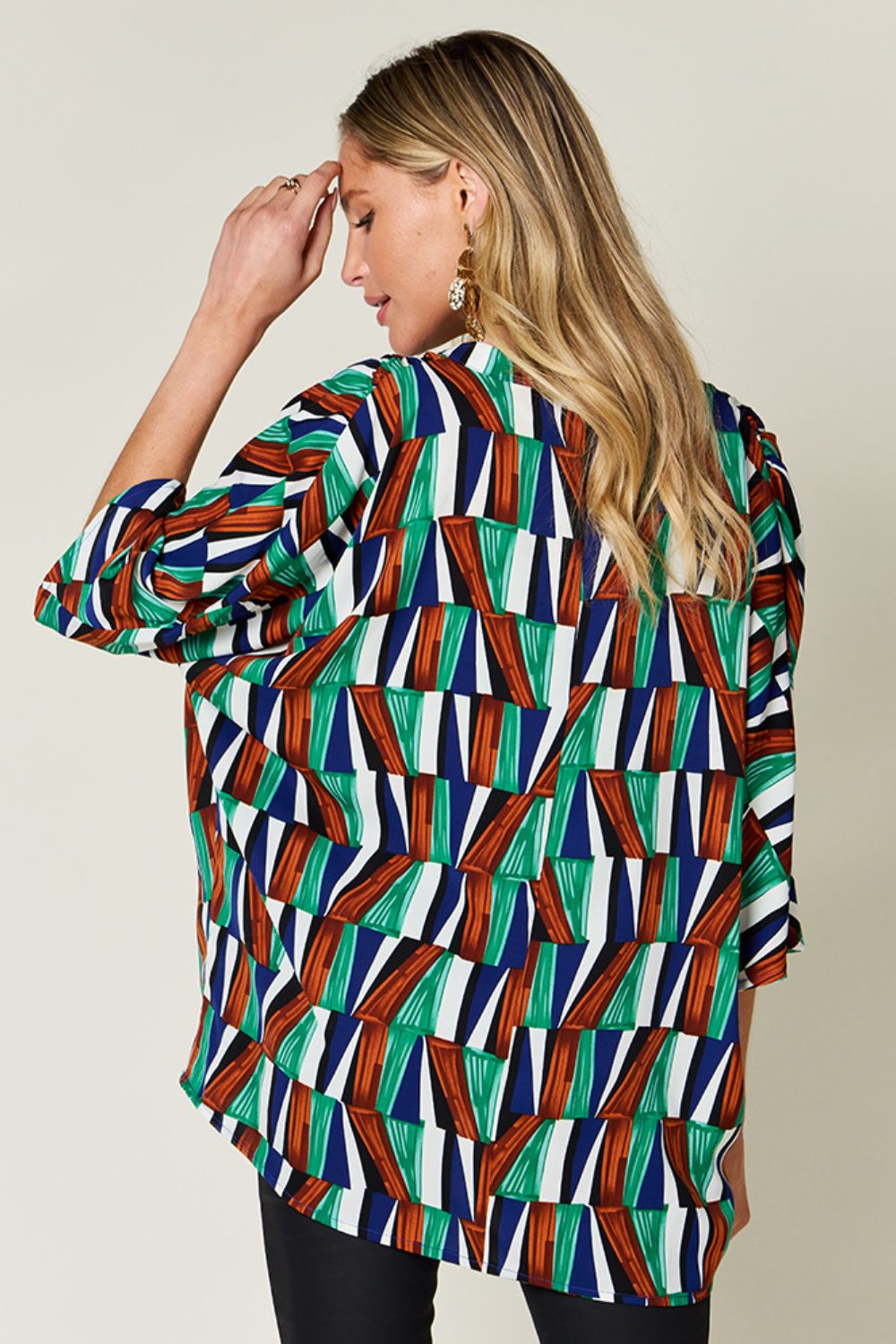 Double Take Full Size Geometric Notched Raglan Sleeve Blouse