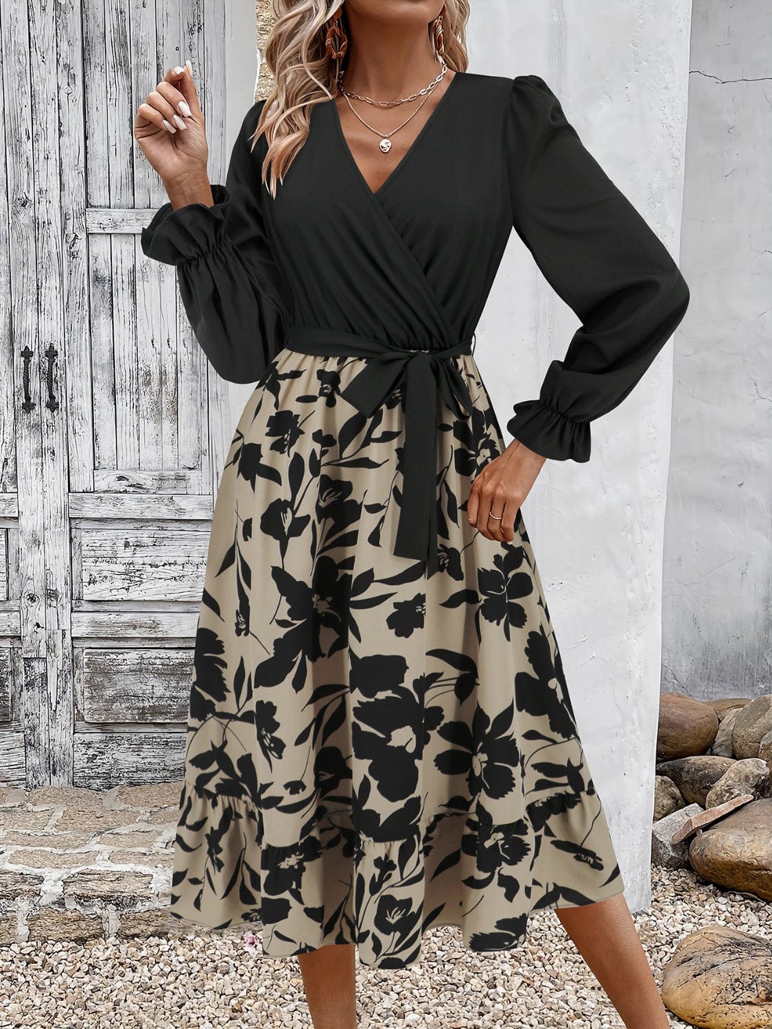 Full Size Tied Ruffled Printed Long Sleeve Dress