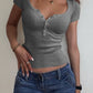 Half Button Scoop Neck Short Sleeve Knit Top