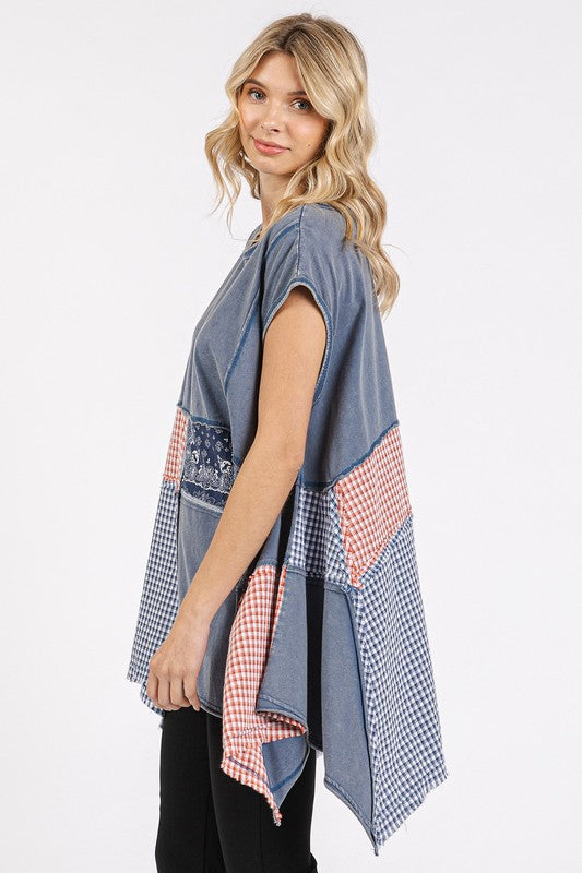 Mittoshop Patchwork Mineral Washed Round Neck Cap Sleeve Top *