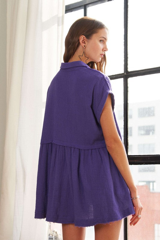 ADORA Raw Hem Collared Neck Button Down Shirt *