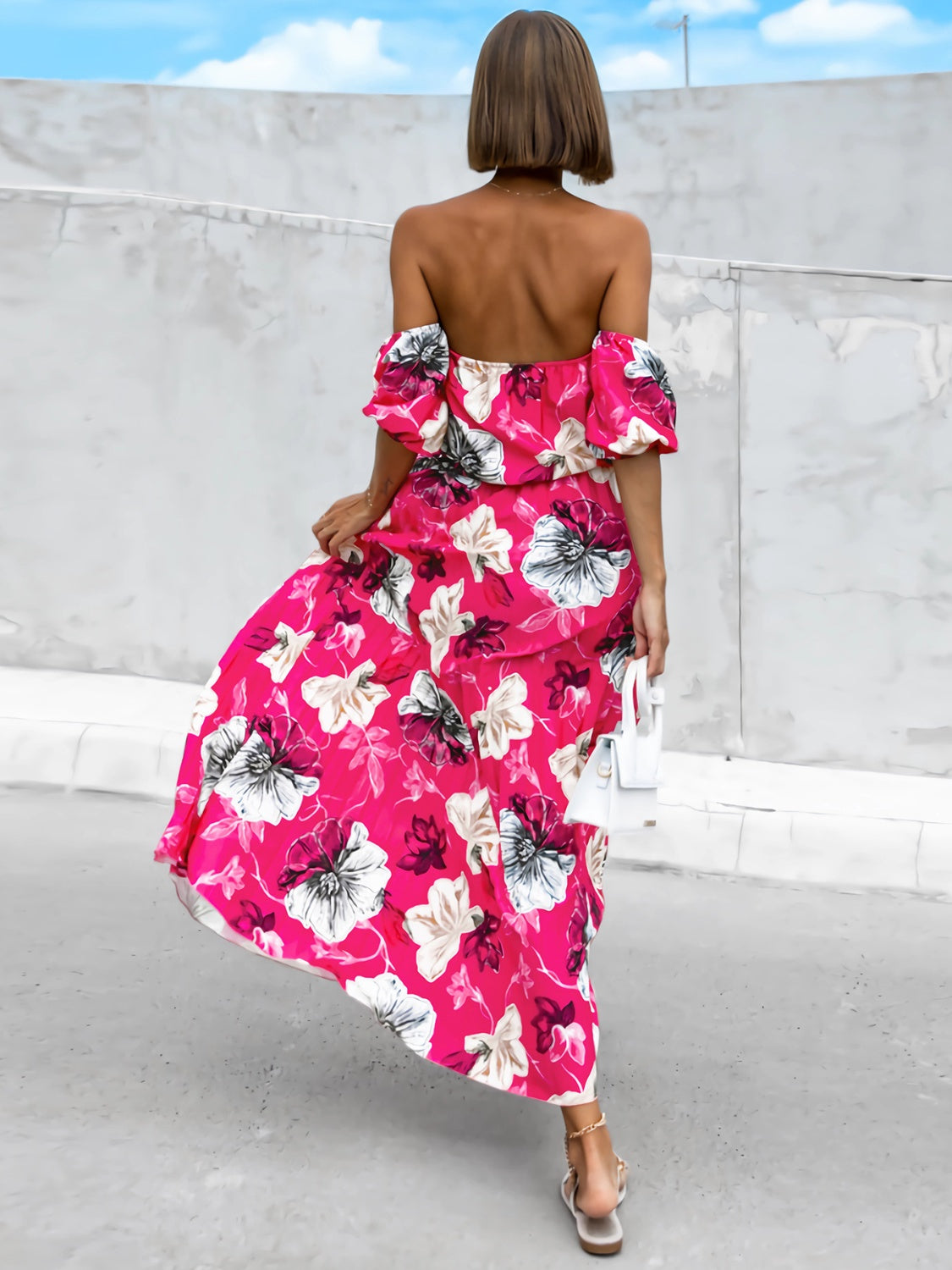 Full Size Pleated Floral Off-Shoulder Short Sleeve Midi Dress