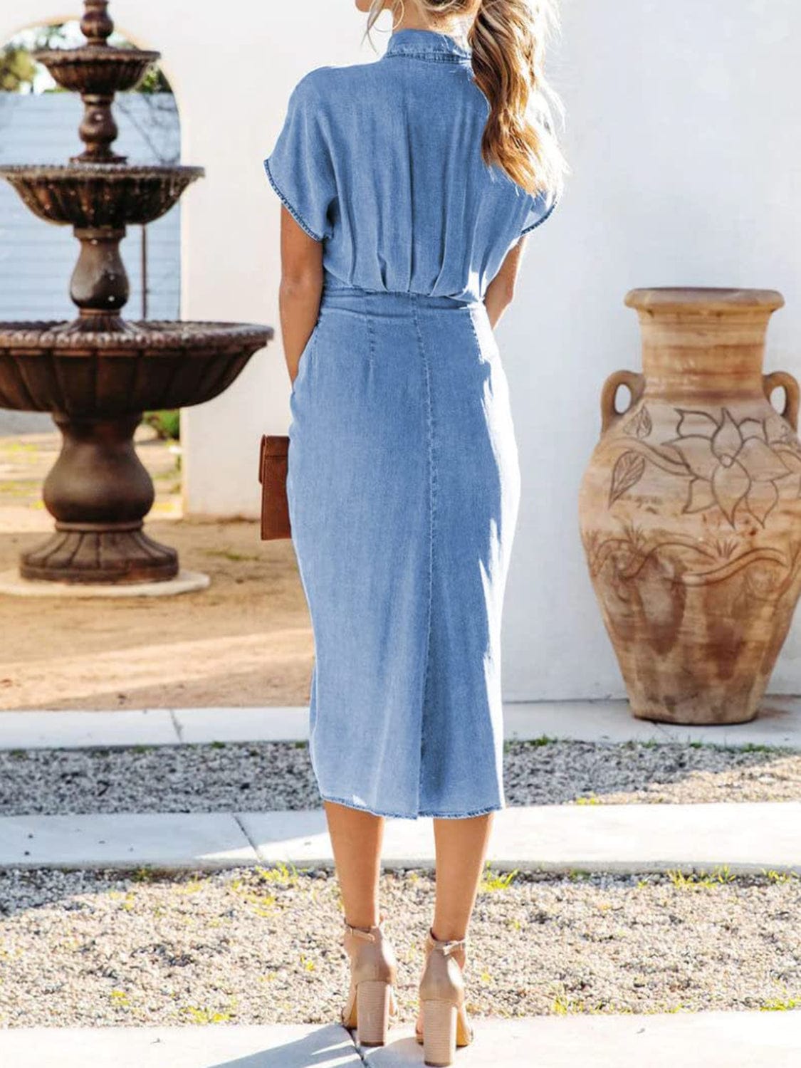 FULL SIZE Tied Button Up Short Sleeve Denim Dress