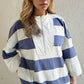 Oh Pima Cotton Wash Striped Half Zip Mock Neck Long Sleeve Top