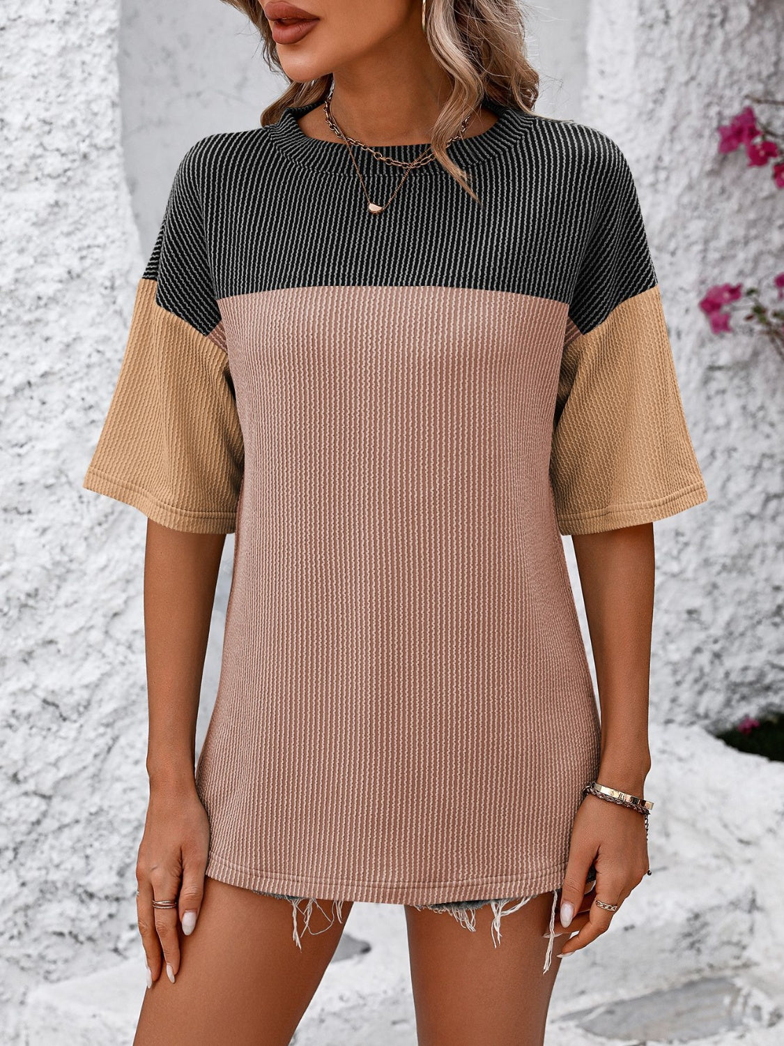 Full Size Color Block Round Neck Half Sleeve T-Shirt