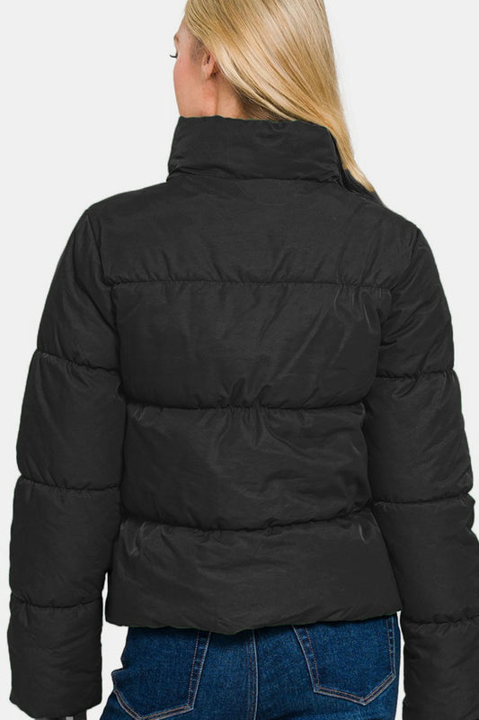 Zenana Zip Up Turtleneck Puffer Jacket with Pockets- Brand Zenana
