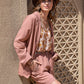 Lace Detail Collared Neck Long Sleeve Top and Shorts Set