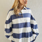 Oh Pima Cotton Wash Wide Striped Collared Neck Long Sleeve Top