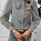 Pocketed Plaid Tie Neck Long Sleeve Shirt
