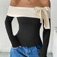 Perfee Bow Contrast Off-Shoulder Long Sleeve Top