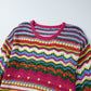 Openwork Contrast Round Neck Flare Sleeve Knit Top