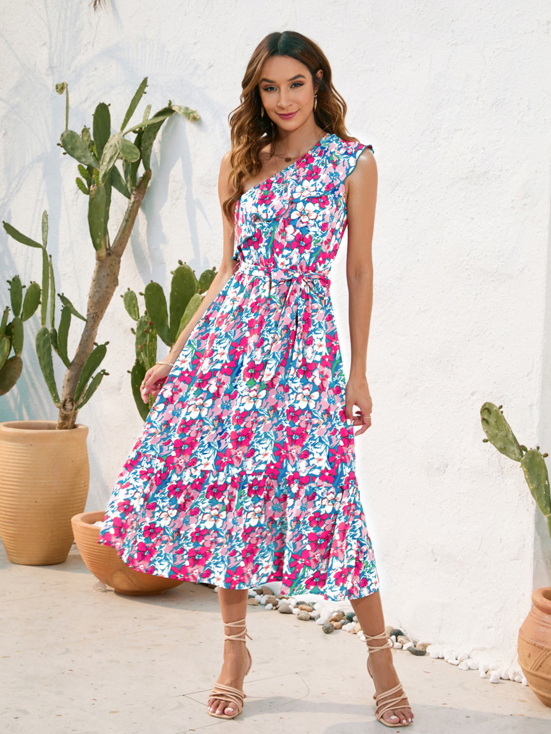 FULL SIZE Ruffled Printed One Shoulder Midi Dress