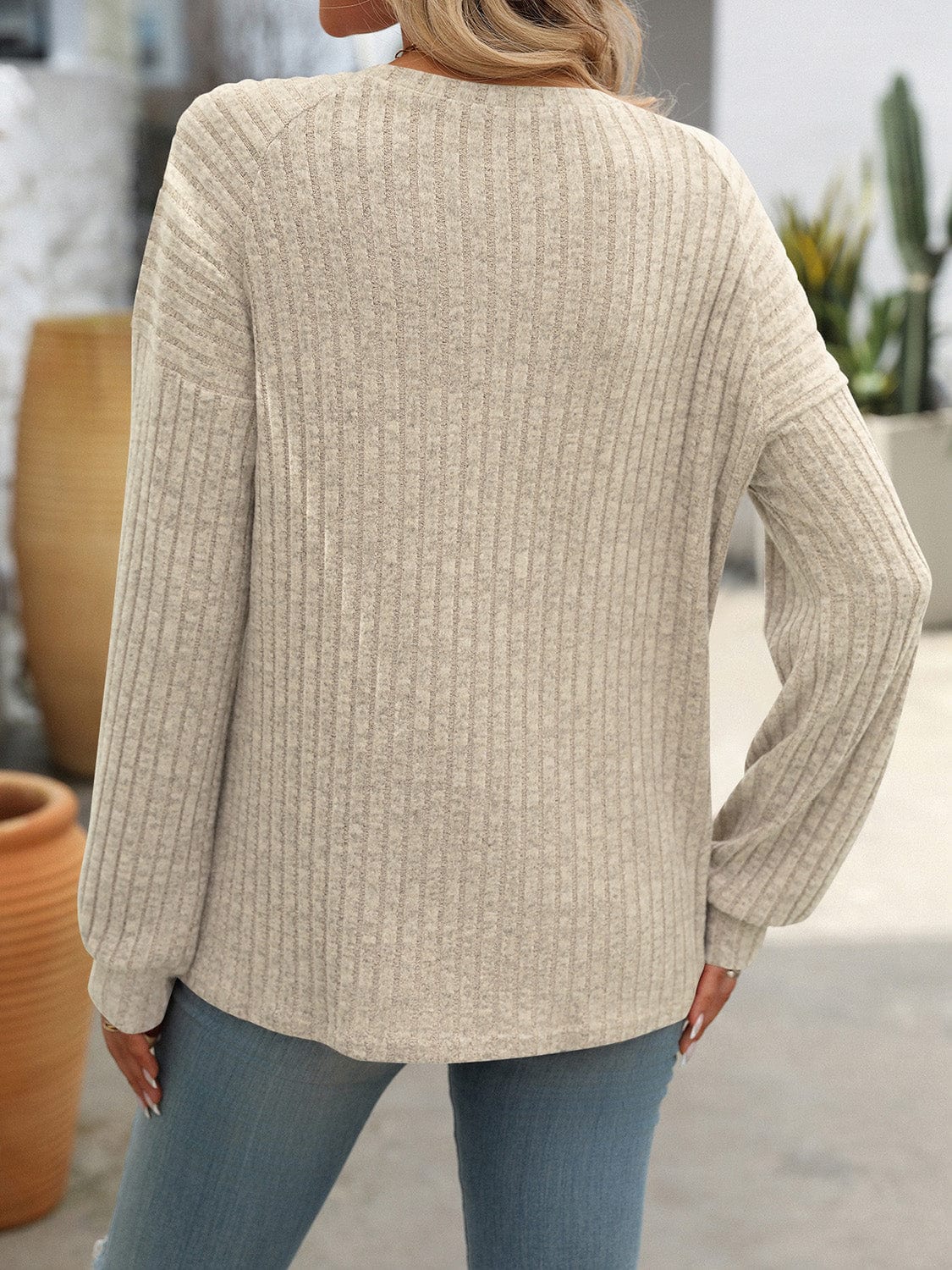 Full Size Decor Button Long Sleeve Ribbed T-Shirt