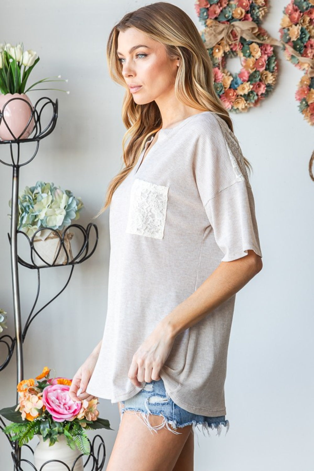 Heimish Full Size Lace Front Pocket Drop Shoulder Top *