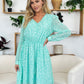 Double Take Full Size Printed Ruched V-Neck Long Sleeve Dress